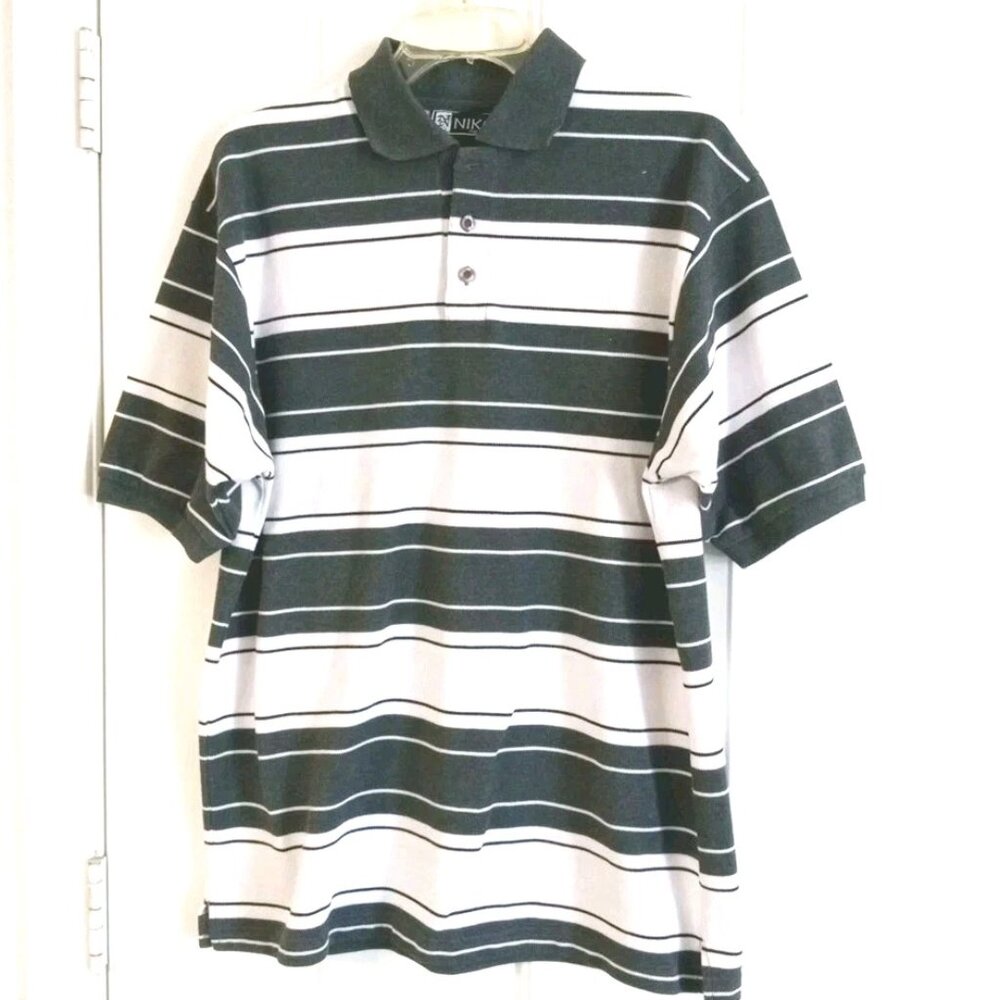 Niko Striped Polo Dark Gray and White Stripes Size XL 90's Pique Cotton